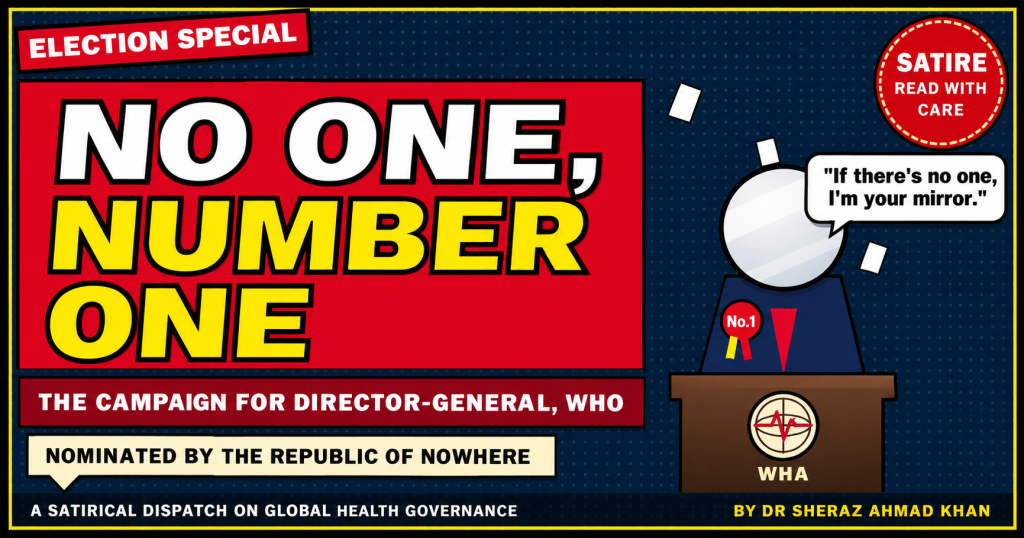 Satirical election poster featuring the headline “No One, Number One” and a fictional WHO Director-General campaign.